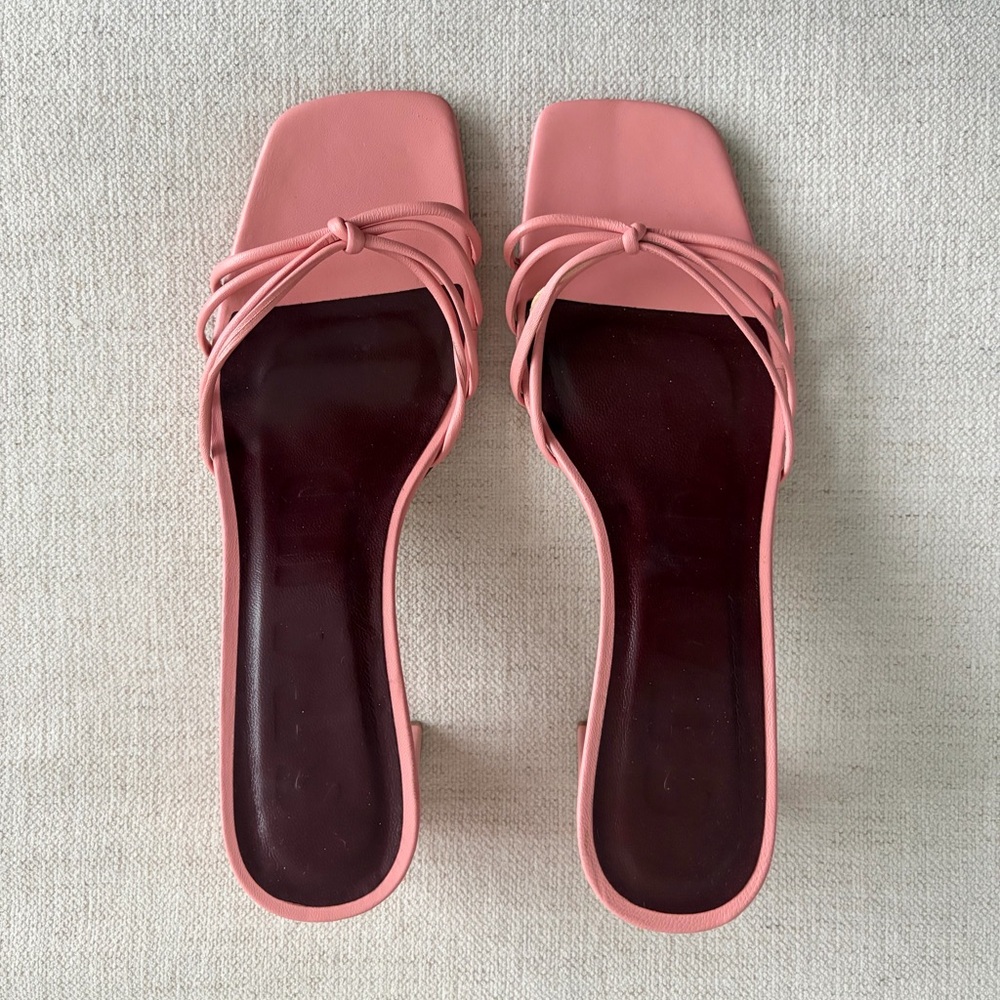 Staud Pippa Knotted Kitten Block Heel Sandals Pink Leather Mules | Size 37 / 7